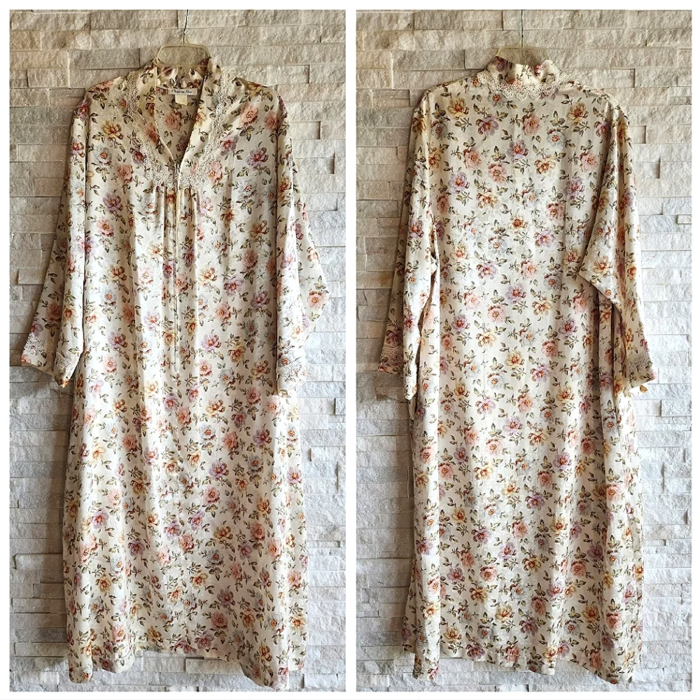 Vintage Christian Dior Long Night Gown Satin Robe Grandma Style Floral Size L - Picture 3 of 12